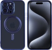 Hoesje Geschikt voor iPhone 15 Pro Max met magnetisch ring - Lens beschermer – backcover – Transparant / Blauw