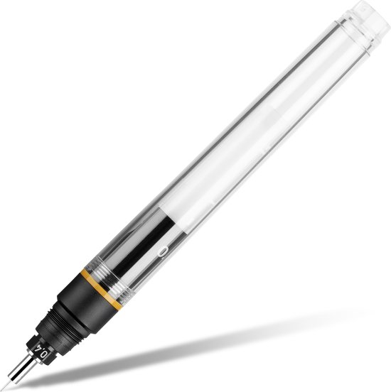 Transparante vulpen met zwarte grip, oranje ring en "0.4" opdruk, schuin.