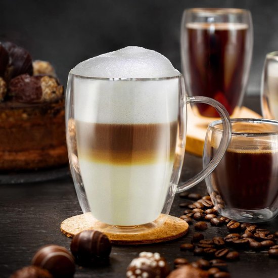 Creano Theeglas, koffieglas, dubbelwandig, thermisch glas, met handvat, groot, van borosilicaatglas, 2 x 250 ml