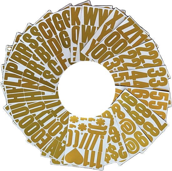 Een grote cirkel van gouden plakletters, cijfers en symbolen op een witte achtergrond.