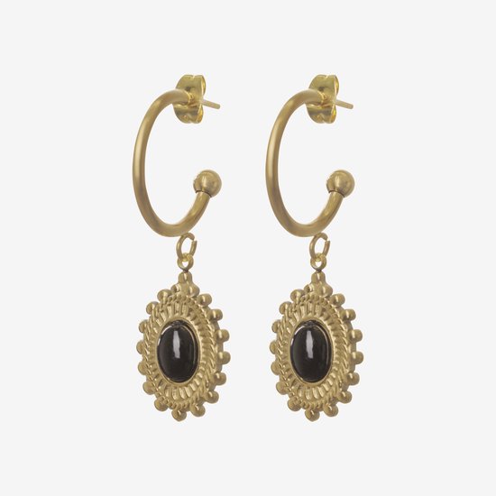 Essenza Black Flower Charm Earrings Gold