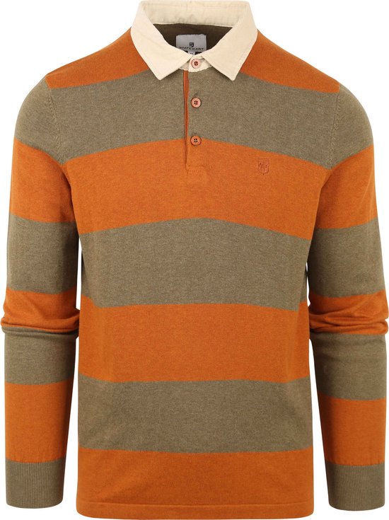 State of Art - Pique Longsleeve Polo Strepen Oranje - Regular-fit - Heren Poloshirt