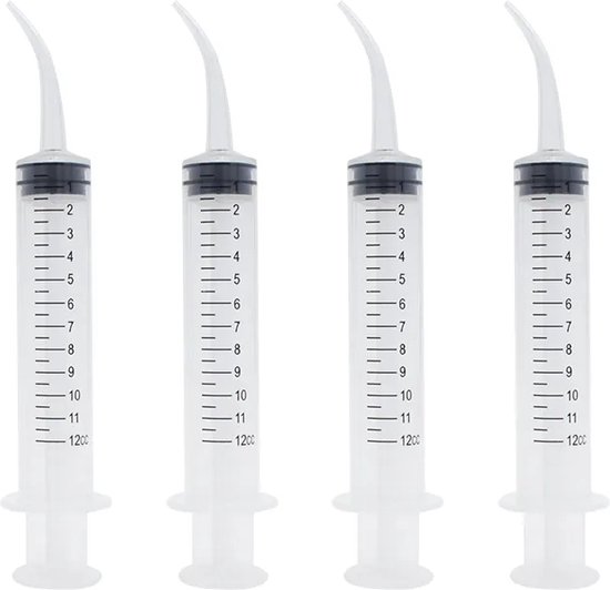 Kaakspuit zonder naald - spuit - 4 Stuks - 12ML - injectiespuit zonder naald - doseerspuit - wegwerpspuit - elleboogspuit mond - kaakspuitje met gebogen tip - mond spuit