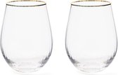 Riviera Maison Waterglas, glas met ribbel, Gouden rand - Les Saisies Water Glass 520 ml - Transparant - set van 2 stuks