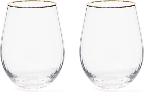 Riviera Maison Waterglas, glas met ribbel, Gouden rand - Les Saisies Water Glass 520 ml - Transparant - set van 2 stuks