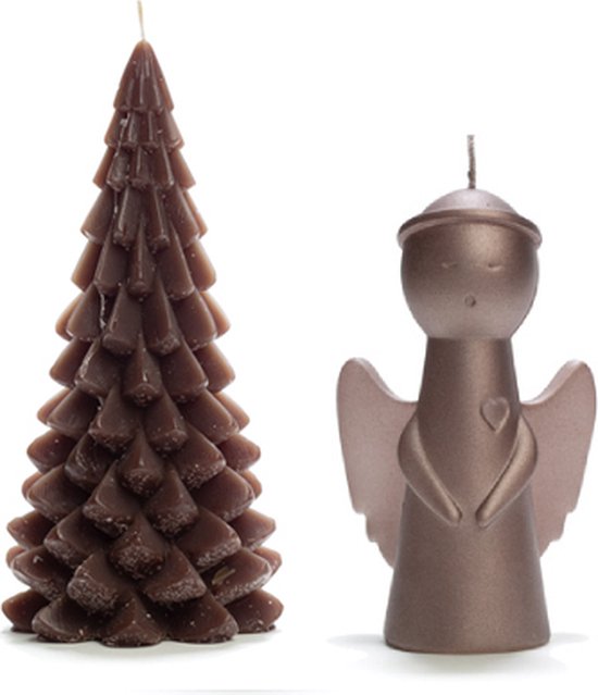 Cactula mooie kwaliteits kaarsen set Kerstboom 20 cm en Engel 16 cm in de kleur Coffee