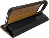 Houten design flip case, iPhone 14 pro max – Noten met zwart leer