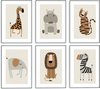 Ensemble de six affiches d'animaux de safari : girafe, hippopotame, tigre, éléphant, lion et zèbre.