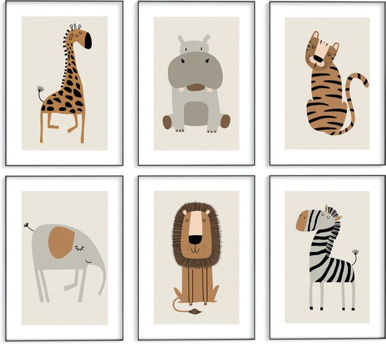 No Filter - Safari Dieren posters - 6 stuks - 30x40 cm (A3) - Poster set – Babykamer/kinderkamer posters – wanddecoratie