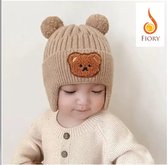 Fiory Wintermuts Baby Bruin| Wintermuts voor baby| Muts met afdruk beer| Gebreide Koreaanse versie| pompoms| oren bedekt| bruin
