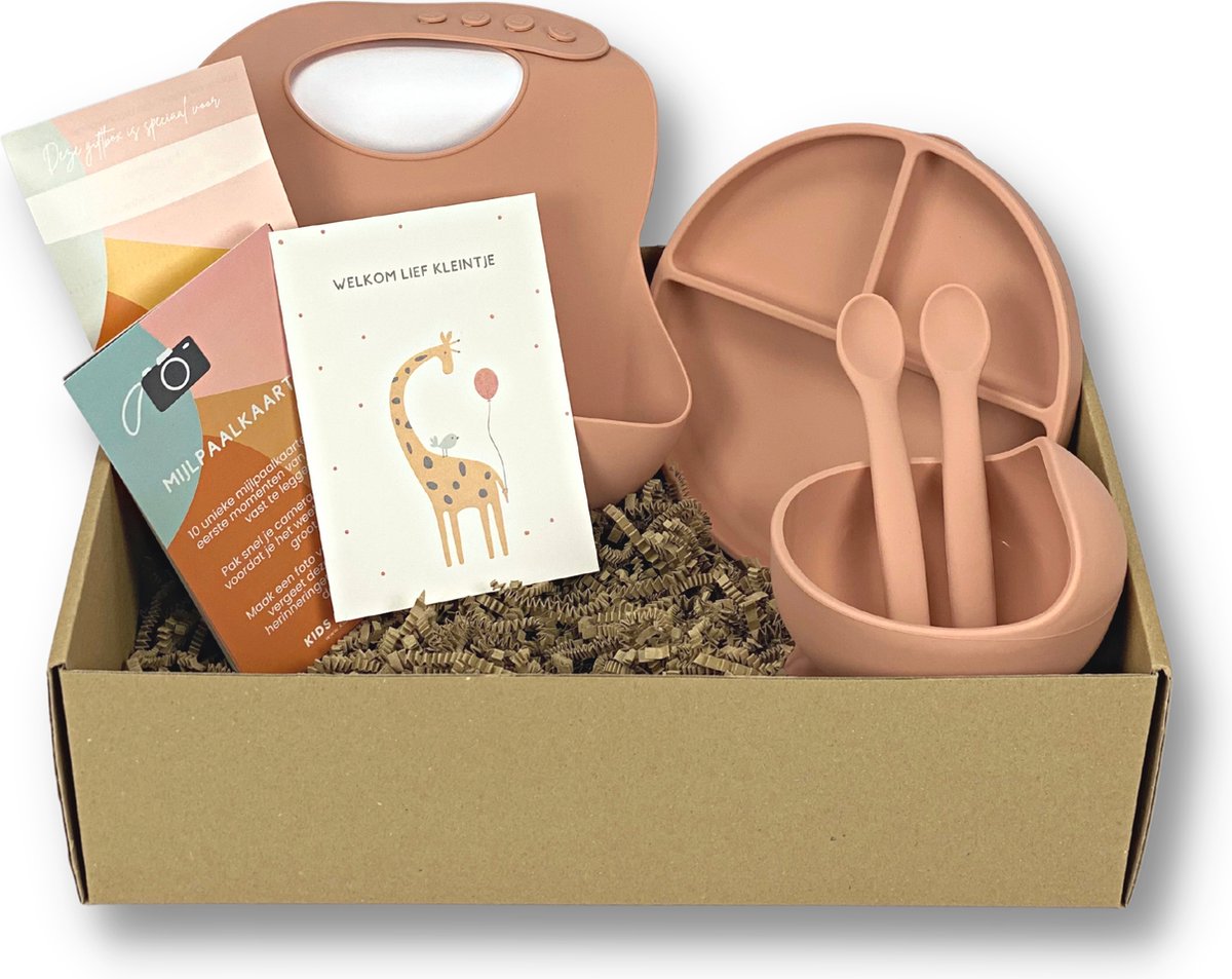 Goedkoopste Kids Cultures - Giftbox M - Baby Geschenkset, Kraampakket, Babyshower Cadeau, Kraammand - Kraamcadeau Jongen & Meisje - Siliconen Kinderservies, Slab, Lepels en Wenskaarten - Oud Roze