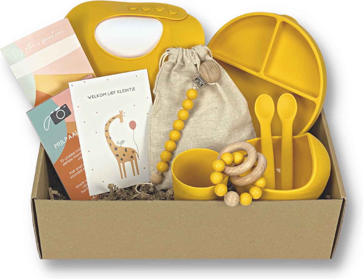 Goedkoopste Kids Cultures - Giftbox L - Baby Geschenkset, Kraampakket, Babyshower, Kraammand - Kraamcadeau Jongen & Meisje - Siliconen Kinderservies, Slab, Bijtring en Wenskaarten - Geel