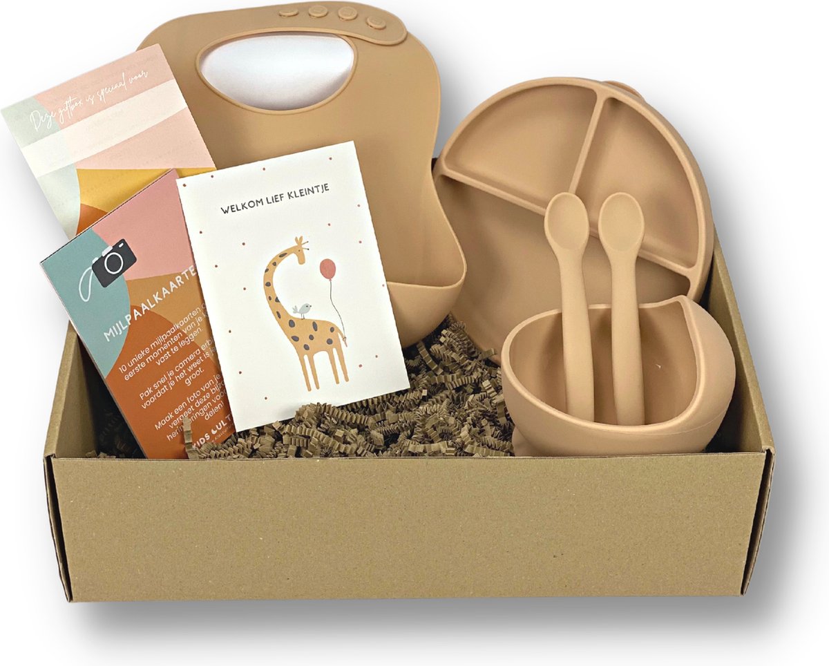Goedkoopste Kids Cultures - Giftbox M - Baby Geschenkset, Kraampakket, Babyshower, Kraammand - Kraamcadeau Jongen & Meisje - Siliconen Kinderservies, Slab, Lepels en Wenskaarten - Beige