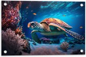 Tuinposter – Grote Zeeschildpad Zwemmend bij Koraal op de bomen van de Zee - 60x40 cm Foto op Tuinposter (wanddecoratie voor buiten en binnen)