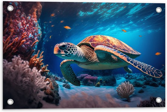 Tuinposter – Grote Zeeschildpad Zwemmend bij Koraal op de bomen van de Zee - 60x40 cm Foto op Tuinposter (wanddecoratie voor buiten en binnen)