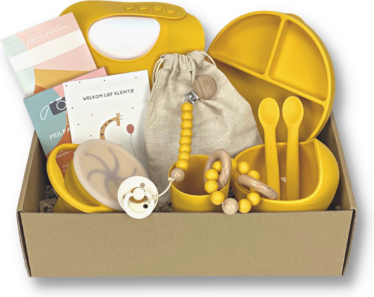 Goedkoopste Kids Cultures - Giftbox XL - Baby Geschenkset, Kraampakket, Babyshower, Kraammand - Kraamcadeau Jongen & Meisje - Siliconen Kinderservies, Slab, Speen, Wenskaart en Bijtring - Geel