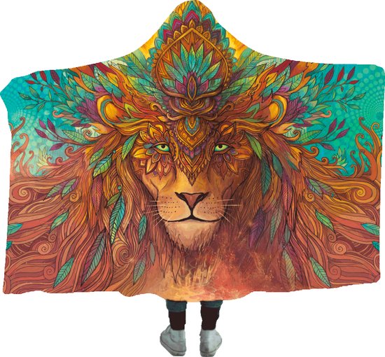 Hood'up - Hoodie deken – Lion - Extra Groot - Deken met capuchon - Deken met - Dierenprint Leeuw - Camping Deken - Premium kwaliteit - Dubbel gevoerd - Unieke designs - Rave Deken