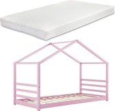 Kinderbed Eulalia - Grenen - Huisbed - Incl. Matras - 90x200 cm - Roze - Voor meisjes - Voor jongens