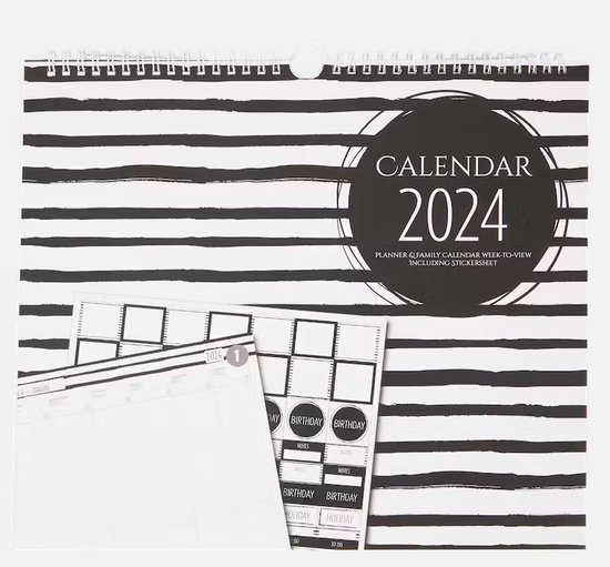 Familie Weekplanner 2024 - Kalender - Planner - Familieplanner - Groot Formaat 29x38cm - Met Stickervel - Planner & Familie kalender - Om aan de muur te hangen - Gezinsplanner - Zwart Wit