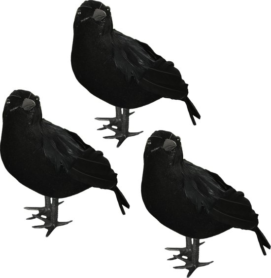 Fiestas nep kraai/raaf 25 cm - 3x - zwart - Halloween horror/griezel thema decoratie dieren