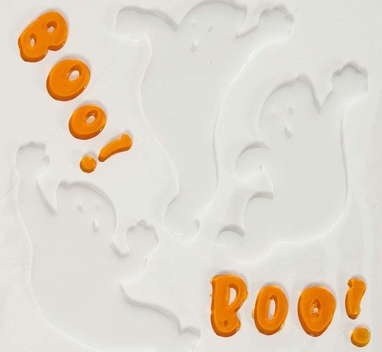Wit Halloween raamfolie met spookjes en oranje "Boo!" letters.