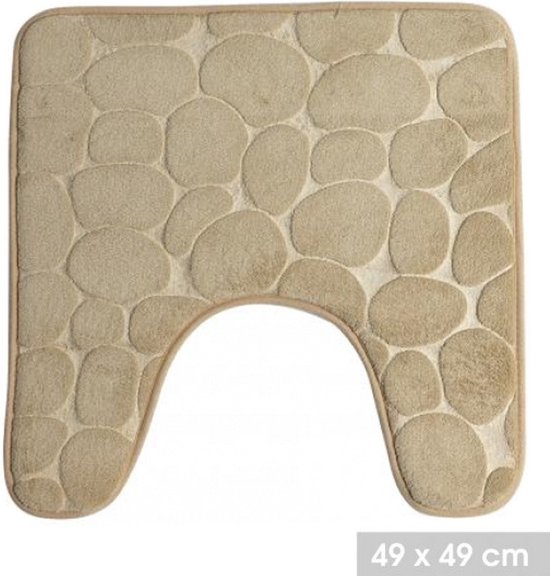 Tapis de bain beige à motif de galets en memory foam, 49 x 49 cm. Le tapis est de forme en U et ressemble à des cailloux.