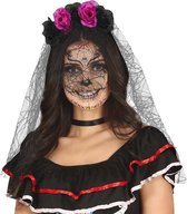Halloween thema diadeem met bloemen en sluier - one size - zwart/roze - meisjes/dames