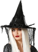Halloween heksenhoed - met sluier - one size - zwart - meisjes/dames - verkleed hoeden