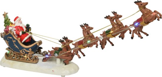 Lumineo kerstdorp - figuur/kerstbeeld - kerstman in slee - met licht - 33,5 x 14 cm