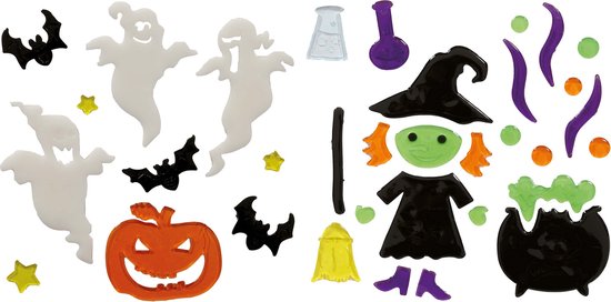 Halloween gel raamstickers met spoken, vleermuizen, sterren, pompoen, heks, ketel, bubbels, potjes en een bezem.