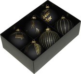 Othmar Decorations gedecoreerde kerstballen -6x -zwart -glas 8cm