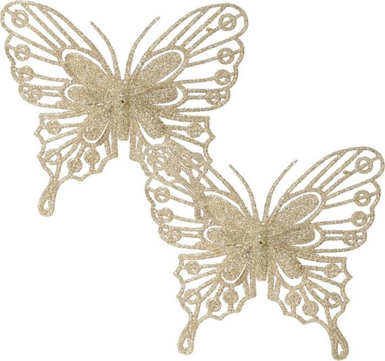 Decoris decoratie vlinders op clip - 2x - champagne - 13 cm