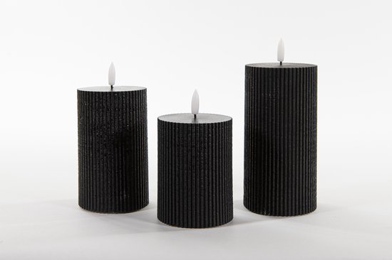 Anna Collection LED stompkaarsen - 3x - zwart - ribbel - 7,5 cm