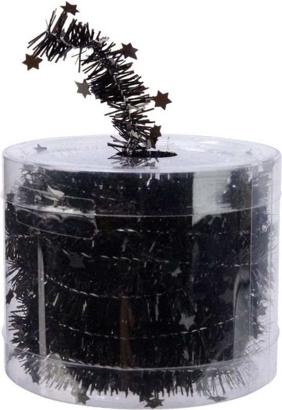 Decoris kerstslinger - met sterren - zwart - lametta - 700 cm - Kerstversiering slingers