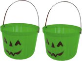Trick or treat snoep emmertje - 2x - pompoen - groen - D20 cm - Halloween snoep ophalen