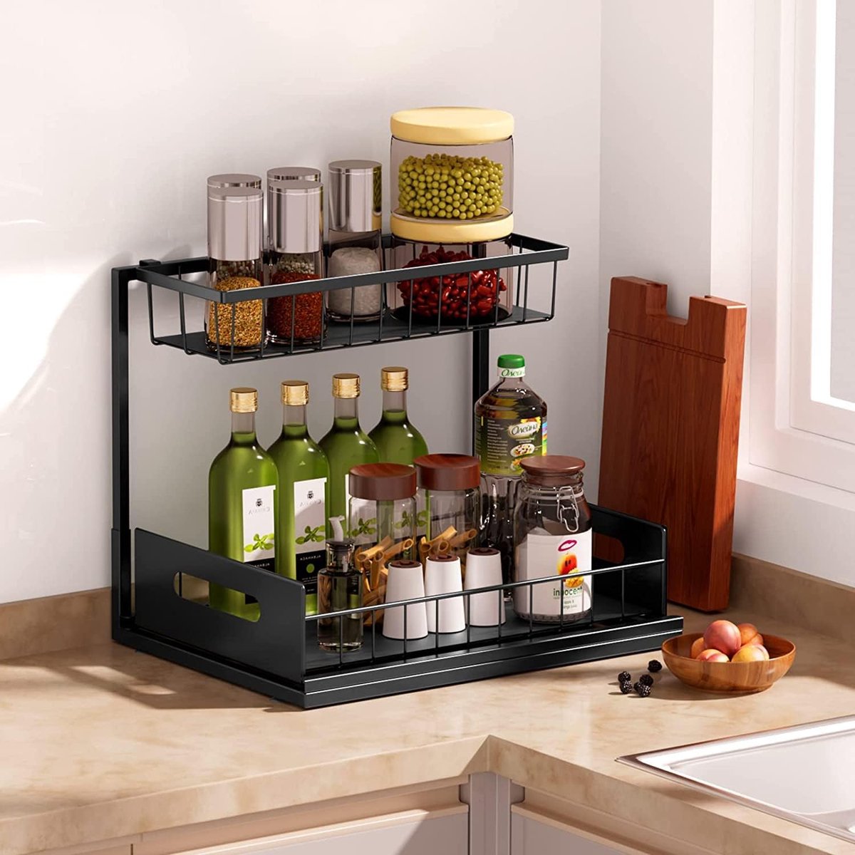 Sous Évier Étagère Sous Evier Rack Etagère de Rangement Cuisine Coulissants  Conception de Rouleaux et Tiroirs Organizer Shelf Etagère de Rangement