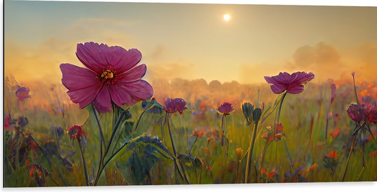 Dibond - Roze Bloemen in het Veld bij Wazige Zon - 100x50 cm Foto op Aluminium (Wanddecoratie van metaal)
