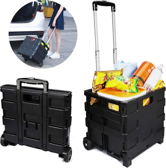 Cheqo® Opvouwbare Krat met Trolley - Vouwkrat - Boodschappenkrat met Wielen - Vouwkrat op Wielen - Tot 18kg - 38x36x30cm