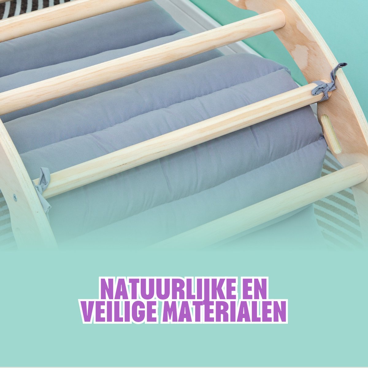 Buxibo Houten Klimbrug/Klimboog Inclusief Kussen - Montessori Klimrek - Naturel Hout - Kinderspeelgoed - 97x47x52cm — afbeelding 6