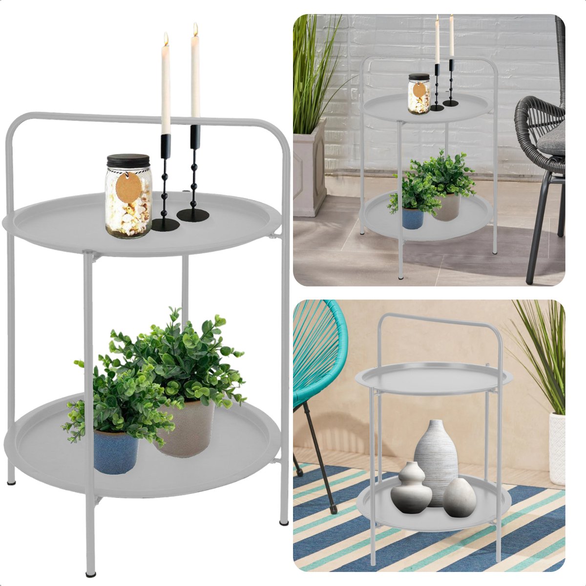 Bijzettafel 50 cm - Metaal (gepoedercoat) - Mat licht grijs - 66 cm Hoogte - 2 Verdiepinge