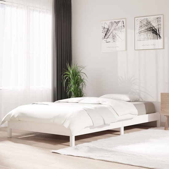 The Living Store Stapelbaar Bed - Massief Grenenhout - Wit - 206.5 x 106.5 x 22 cm - Geschikt voor 100 x 200 cm Matras