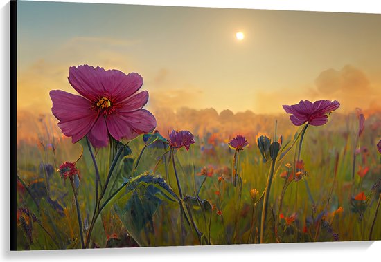 Canvas - Roze Bloemen in het Veld bij Wazige Zon - 120x80 cm Foto op Canvas Schilderij (Wanddecoratie op Canvas)