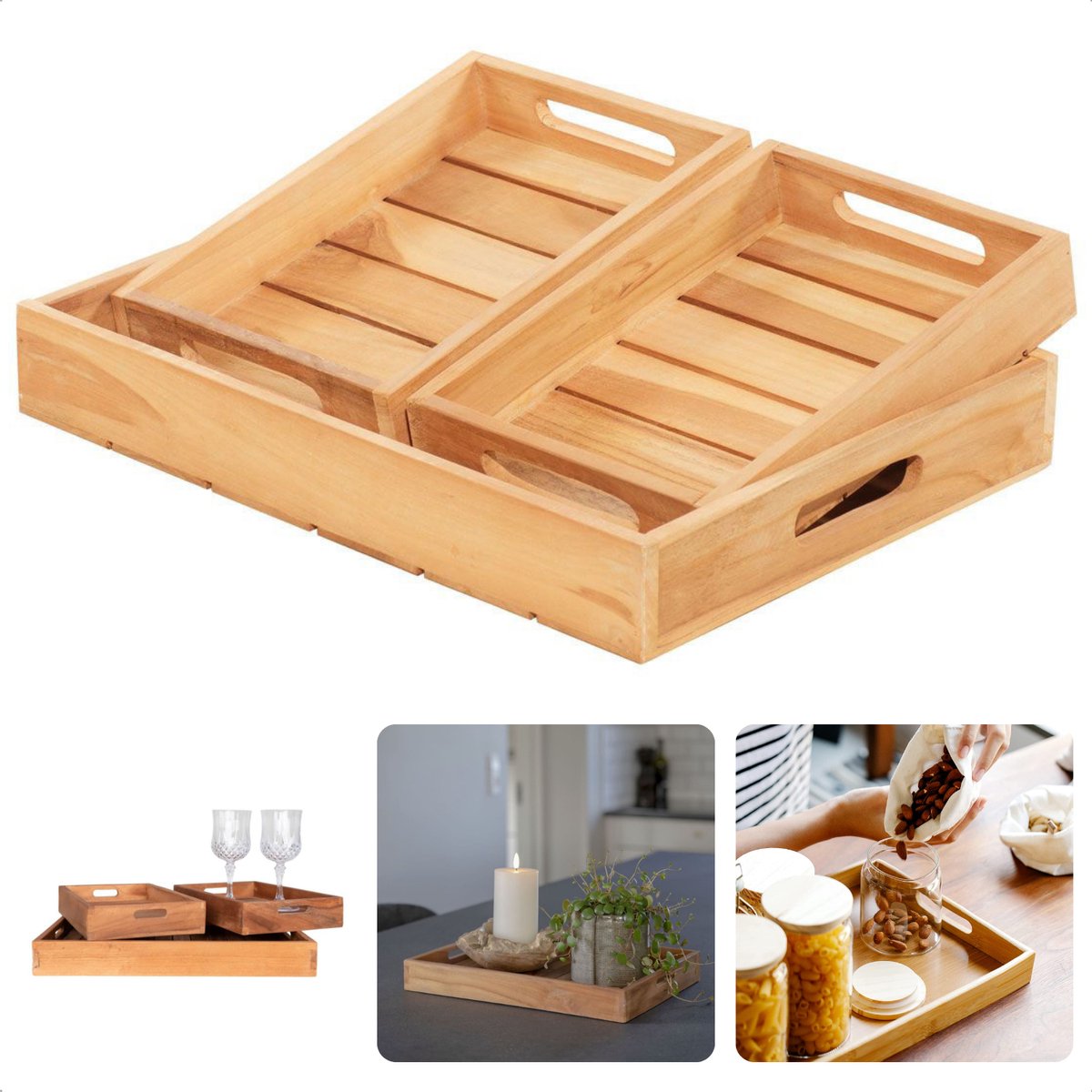 Cheqo 3-delige Set Houten Dienbladen Dienblad Set Ontbijt op Bed Decoratief Dienblad Kaarsenplateau