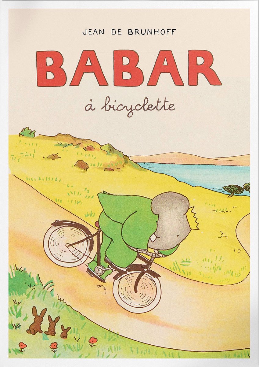 Pepperwall Babar A Bicyclette (Babar de Olifant) | Poster | B2: 50 x 70 cm Multikleur