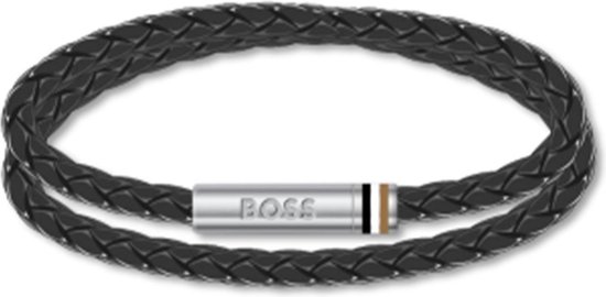 BOSS HBJ1580489M ARES Heren Armband - Gevlochten armband - Sieraad - Leer - Zwart - 5 mm breed - 19 cm lang
