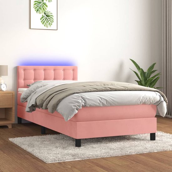 The Living Store Bed - Roze Fluweel - 203x100x78/88 cm - LED - Pocketvering - Huidvriendelijk