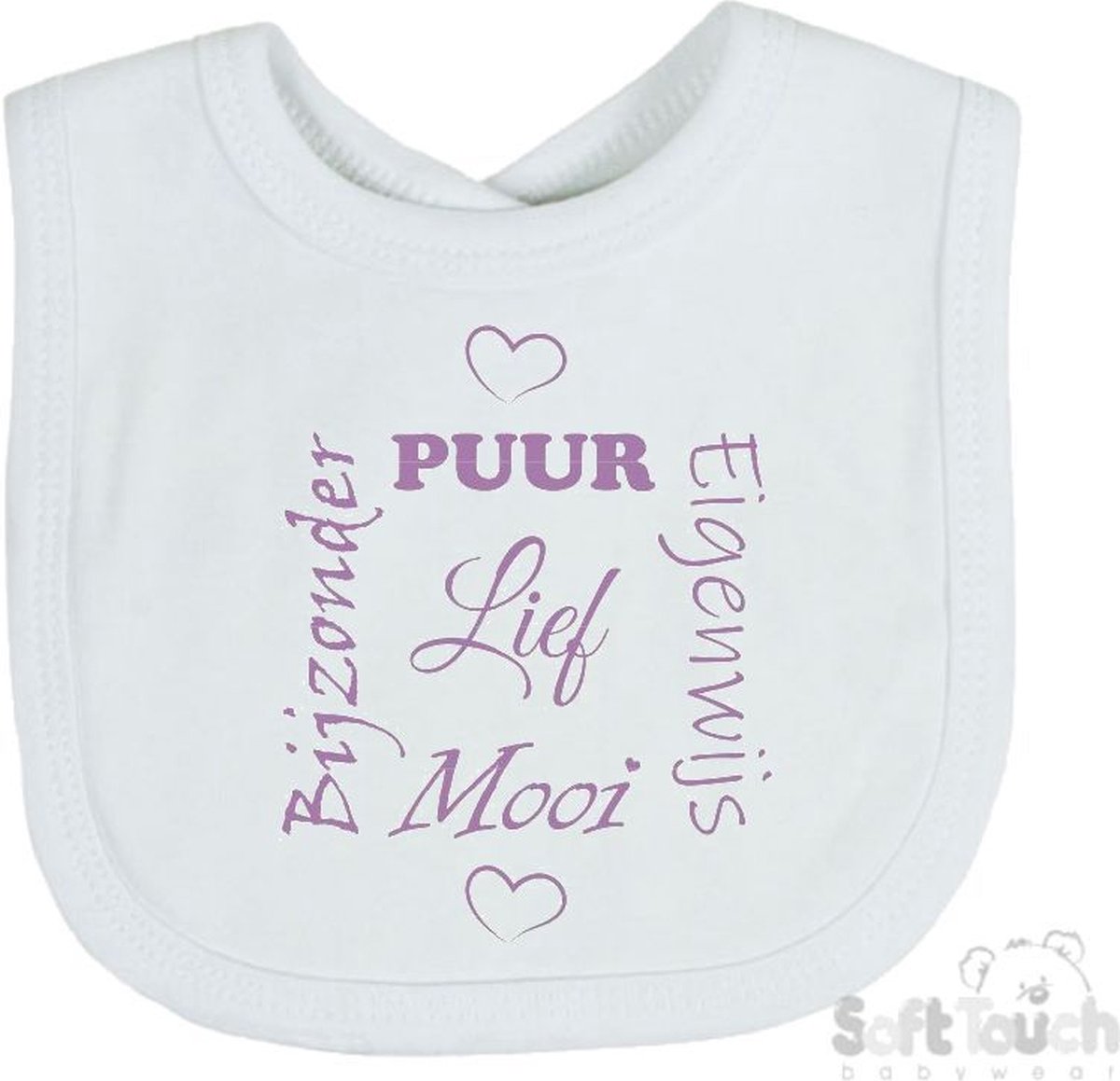 Goedkoopste Soft Touch Slabber Slabbetje Slab Puur Eigenwijs Mooi Bijzonder Lief Unisex Katoen Wit/lila Maat 33x22 Cm