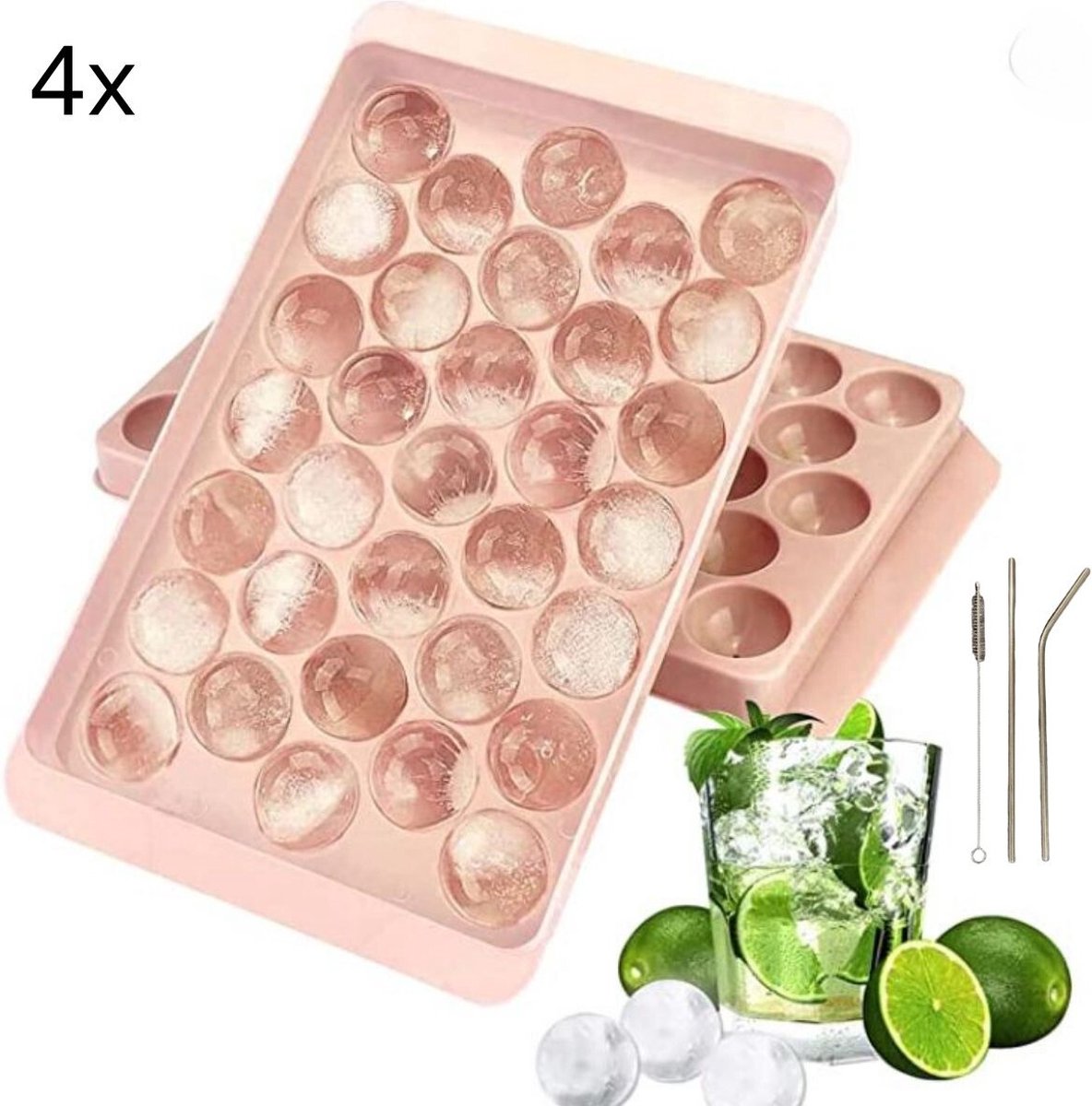 Ronde ijsblokjesvorm met deksel - RVS rietjes - 4 stuks!! - 132 Perfect ronde mini ijsblokjes - Roze - ø 1,5cm - Ice cube - Stapelbaar