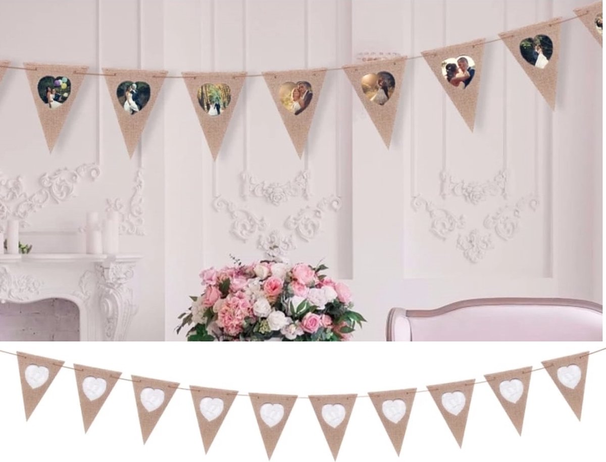 Jute kant vlaggenlijn-Hartjes, kant Slinger- Set 2x Vlaggen lijn - Youhomy feestartikelen Jute kant- Versiering slinger bruiloft Vintage - Huwelijk - Feest - Verjaardag - Jubileum - Wedding decor