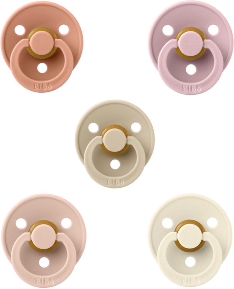 Goedkoopste Bibs fopspenen 0-6 maand set 5 stuks Peach,Pink Plum,Vanilla,Blush en Ivory maat 1